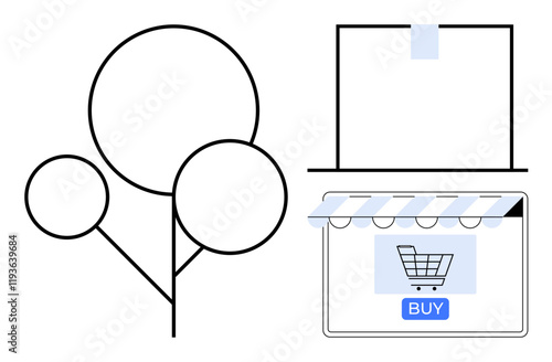 Tree with three circular elements alongside a shopping cart icon on a storefront. Ideal for e-commerce, sustainability, online shopping, digital marketing, environmental consciousness, eco-friendly