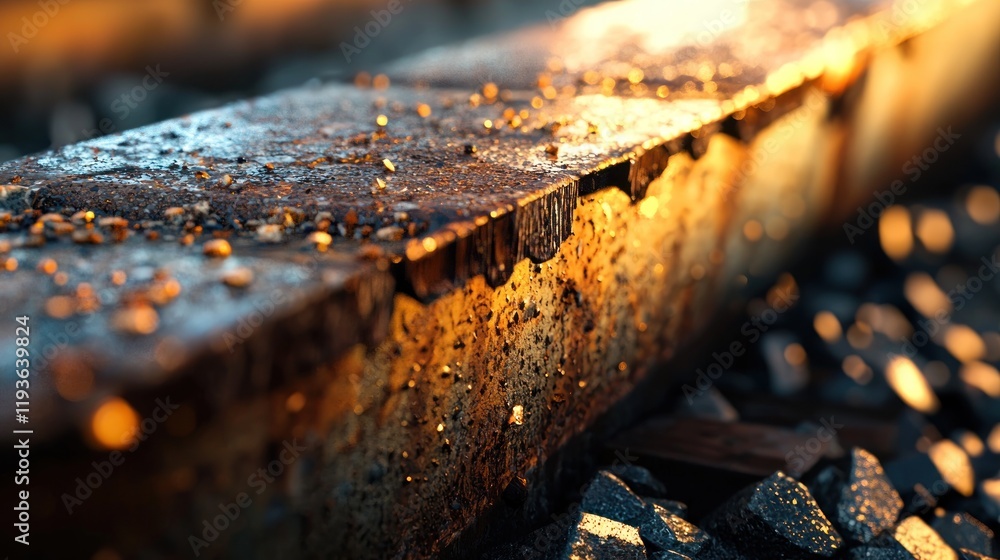 Close-up of rusty railroad track at sunset. Close-up of rusty railroad track at sunset.