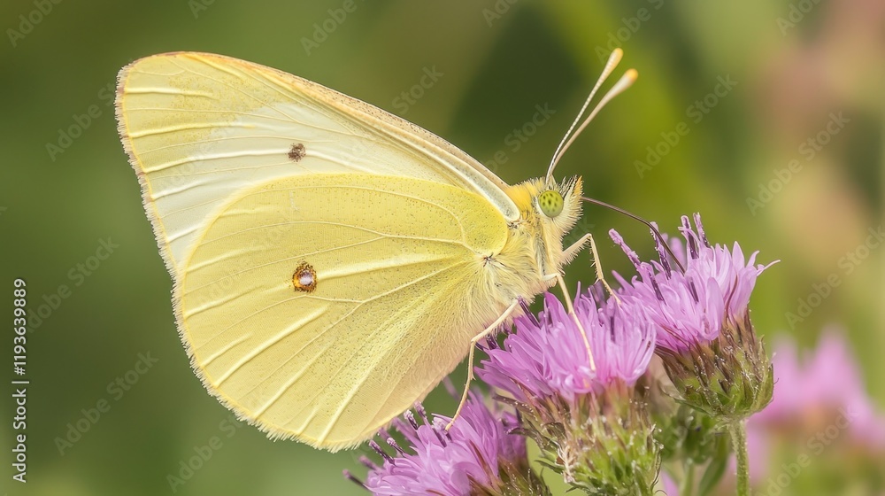 Pale yellow butterfly feeding on purple flower. Pale yellow butterfly feeding on purple flower.