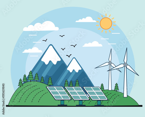solar panels with wind turbines against mountanis landscape and blue sky
