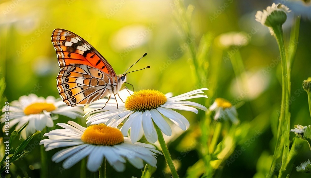 Beautiful butterfly on a daisy flower in nature outdoors close up macro in spring or summer. Beautiful butterfly on a daisy flower in nature outdoors close up macro in spring or summer.