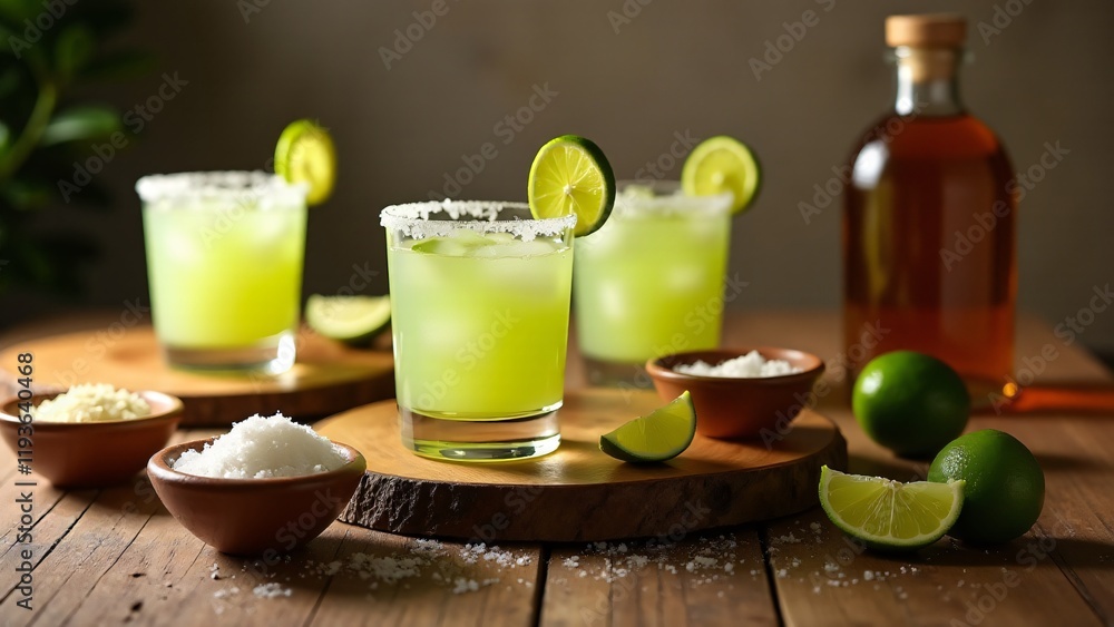 Minimalist margaritas on rustic wooden boards, garnished with lime wheels, coarse salt, and tequila, exuding cozy, artisanal charm. Minimalist margaritas on rustic wooden boards, garnished with lime wheels, coarse salt, and tequila, exuding cozy, artisanal charm.