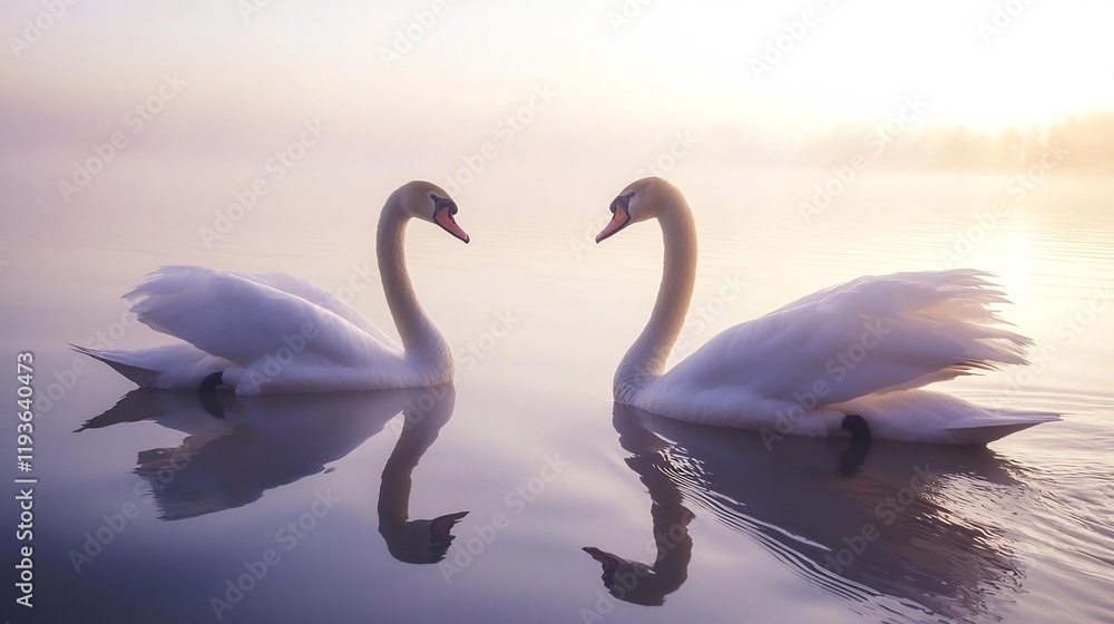 Fototapeta premium Two swans facing each other in calm water at sunrise