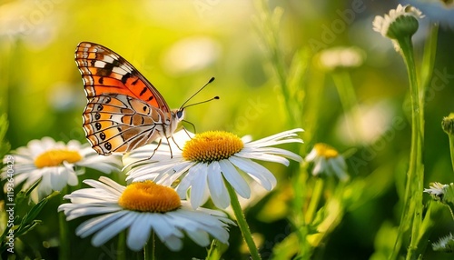 Beautiful butterfly on a daisy flower in nature outdoors close up macro in spring or summer.