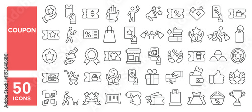 Set of 50 line icons related to coupon, ticket, discount, offer, shop, bonus, benefit, loyalty, gift, present, exclusive, Editable stroke. Vector illustration