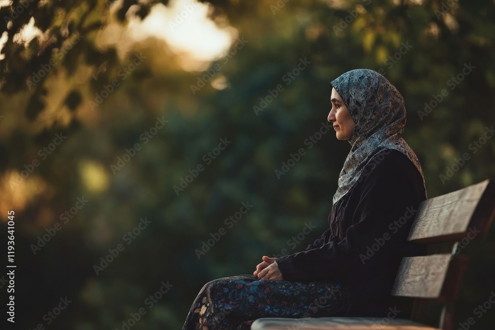 Fototapeta premium Serene Woman in Headscarf Sitting on Park Bench Surrounded by Nature, Deep in Thought, Capturing Moment of Reflection and Empowerment in Autumn Light