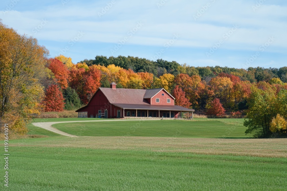Classic American Farmhouse Surrounded by Expansive Fields and Iconic Red Barn in Scenic Wisconsin Landscape Classic American Farmhouse Surrounded by Expansive Fields and Iconic Red Barn in Scenic Wisconsin Landscape