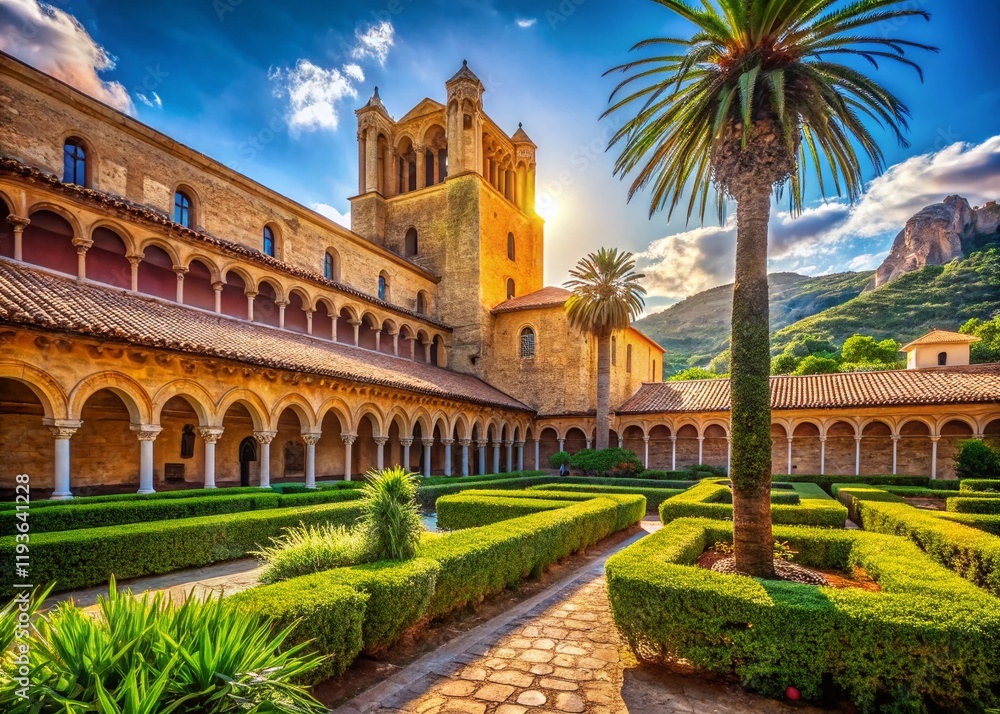 Fototapeta premium Monreale Abbey Cloister: Sunlit Courtyard & Majestic Tower - High-Resolution Stock Photo