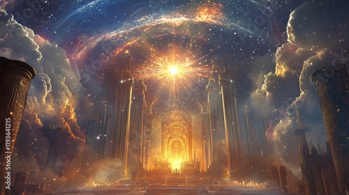 Holy relics sacred sites glowing with divine miracles illuminated by celestial light and symbols of spiritual harmony