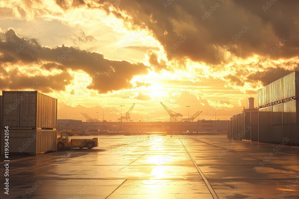 Obraz premium Stunning Sunset Over Industrial Port with Cranes and Shipping Containers Under Dramatic Cloudy Sky Reflecting Golden Light on Wet Surface