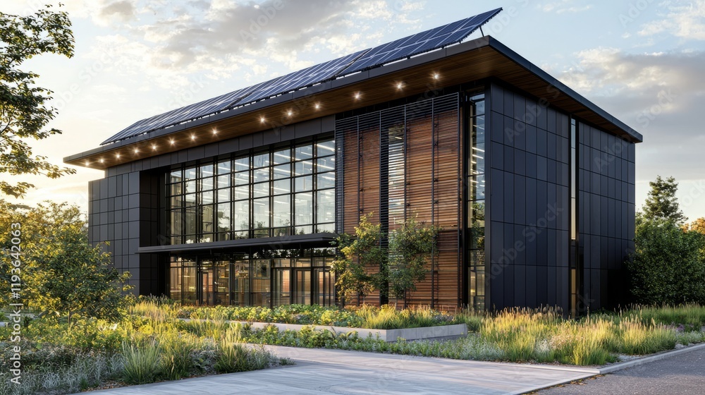 Modern sustainable building with solar panels, large windows, and landscaping. Modern sustainable building with solar panels, large windows, and landscaping.
