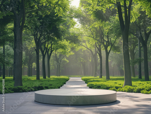 Minimalist Podium in an Urban Park Setting, A minimalist, empty podium situated in a quiet urban park surrounded by nature and design. photo