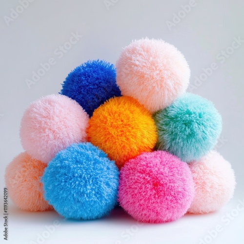 Vibrant Collection of Fluffy Yarn Pom-Poms: Handmade Soft Toy Spheres Crafted from Colorful Wool Threads