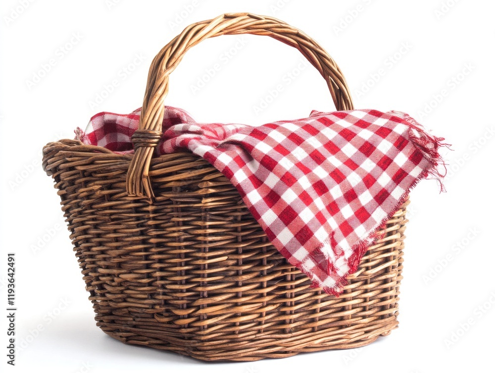 Wicker Picnic Basket with Red Checkered Cloth on a White Background, Isolated for Outdoor Dining Inspiration Wicker Picnic Basket with Red Checkered Cloth on a White Background, Isolated for Outdoor Dining Inspiration