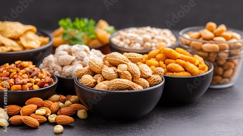 Variety of nuts and snacks are displayed in black bowls on a counter