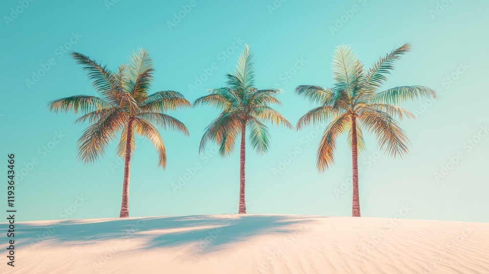 Obraz premium Three palm trees on a sandy beach under a clear sky.