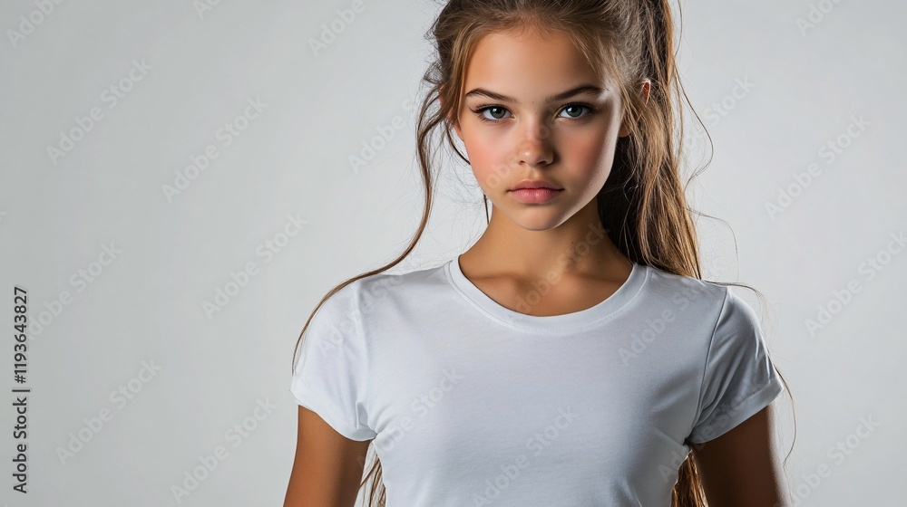 Young model poses in plain white shirt against neutral background indoors Young model poses in plain white shirt against neutral background indoors