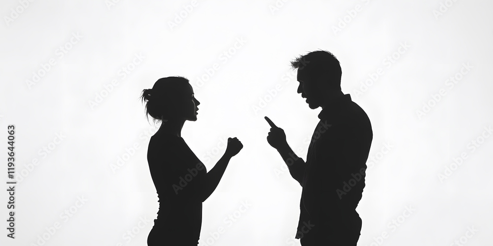 Silhouetted couple engaged in a heated argument, showcasing tension and conflict. Silhouetted couple engaged in a heated argument, showcasing tension and conflict.