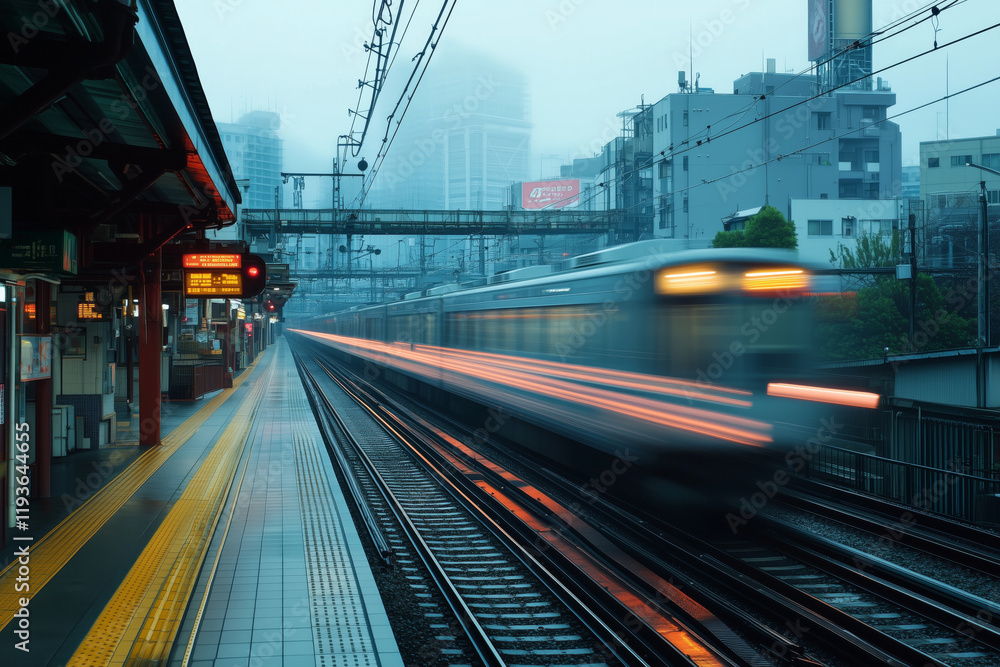 Obraz premium High speed train gliding through urban landscape during twilight hours