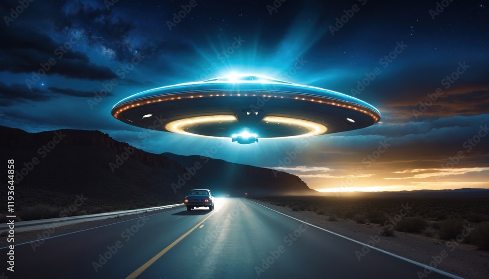 Obraz premium flying saucer hovering over a desert road, with a beam of light shining down on a car