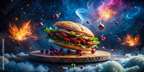 Fototapeta Naklejka Na Ścianę i Meble -  Mystical Night: Turkey Cranberry Sandwich with Ethereal Smoke