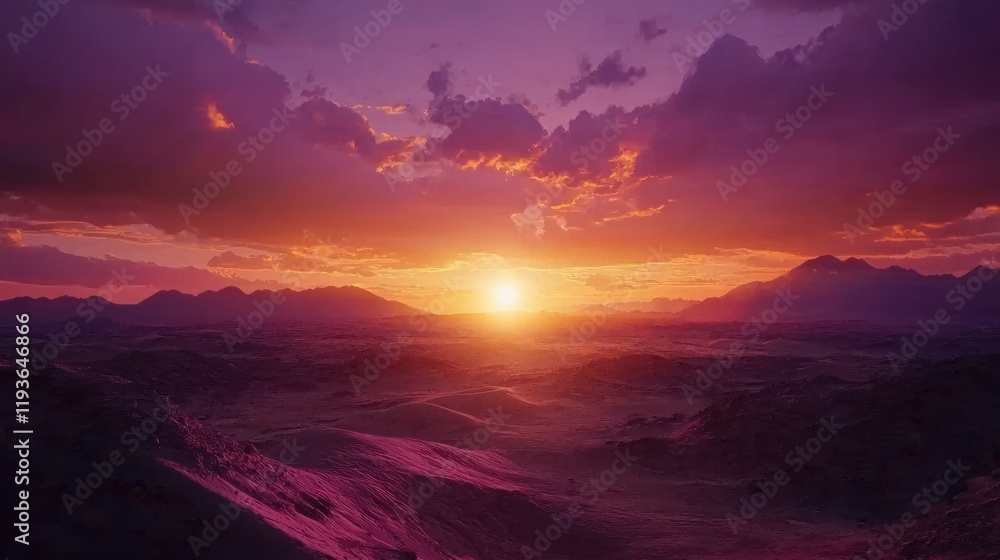 Obraz premium Vibrant sunset over a vast desert landscape with majestic mountains.