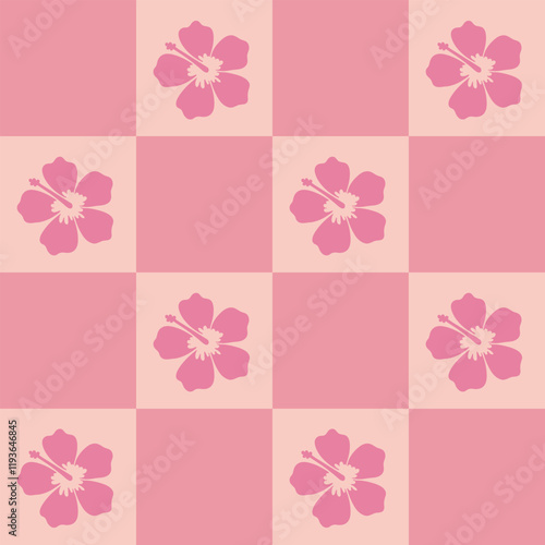 Abstract floral tropical hawaiin checkerboard seamless pattern background with hibiscus flower. AAPi background, modern creative print photo