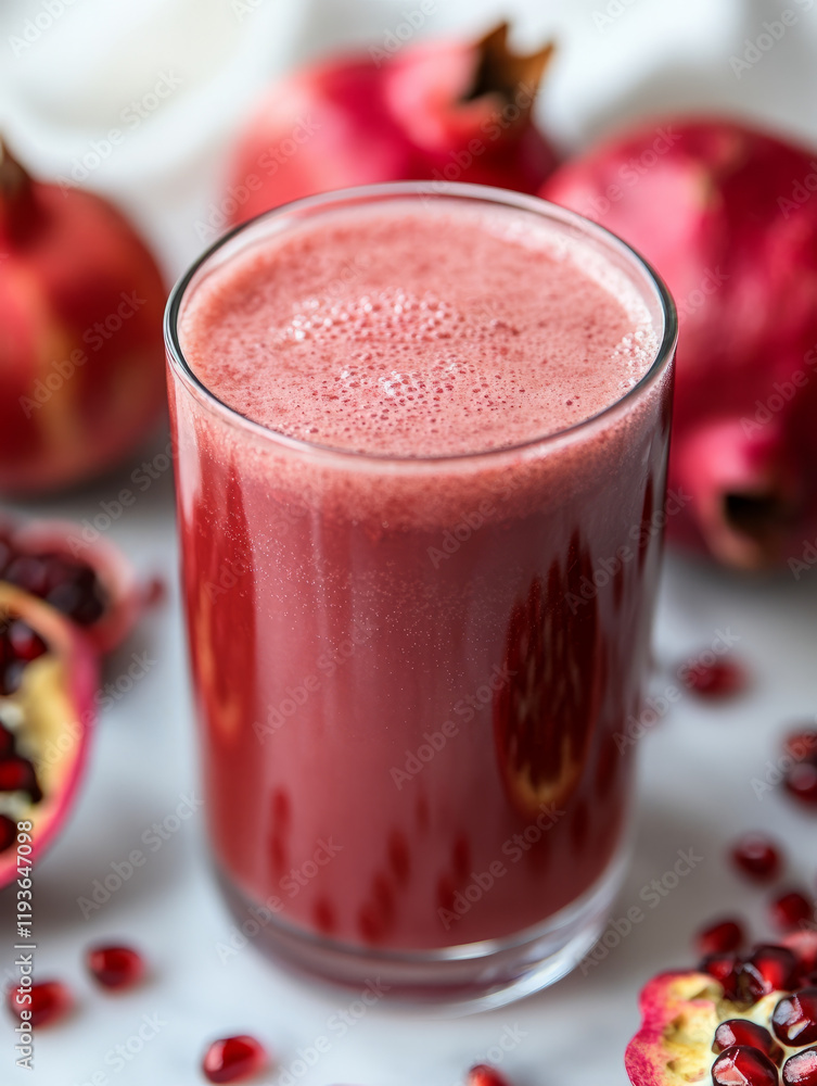 Pomegranate juice in a glass surrounded by whole fruits. Pomegranate juice in a glass surrounded by whole fruits.