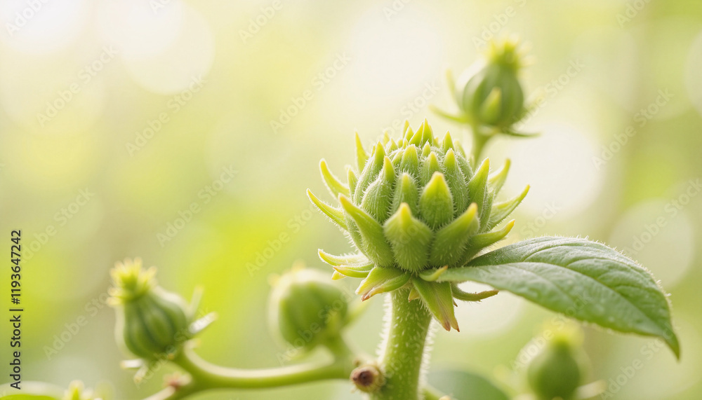 Green spiky flower bud with leaf against soft blurred background
Green spiky flower bud with leaf against soft blurred background