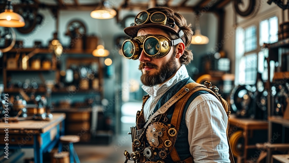 A steampunk adventurer with brass goggles and mechanical gear, standing in a workshop A steampunk adventurer with brass goggles and mechanical gear, standing in a workshop