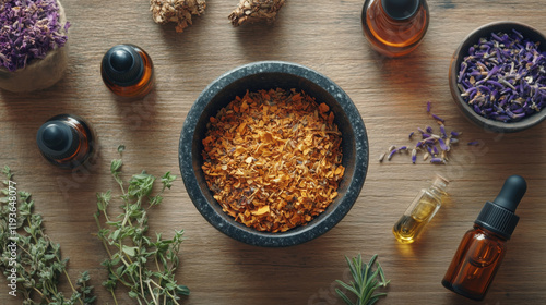 Overhead Shot of Dried Herbs, Essential Oils, and Mortar and Pestle on Natural Wooden Surface for Traditional Wellness Practices