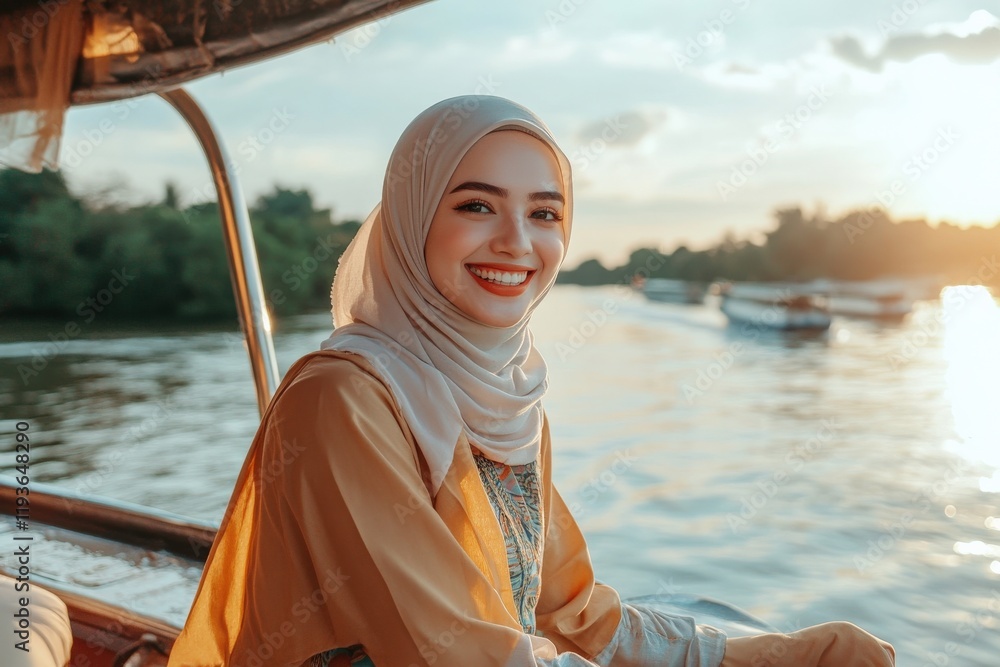 Fototapeta premium Woman in Traditional Attire Smiling While Sitting on a Boat Near Calm Water with a Scenic Background During Sunset, Capturing Joy and Serenity in Nature