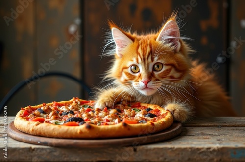 Fluffy orange cat curiously observing delicious pepperoni pizza on wooden table photo