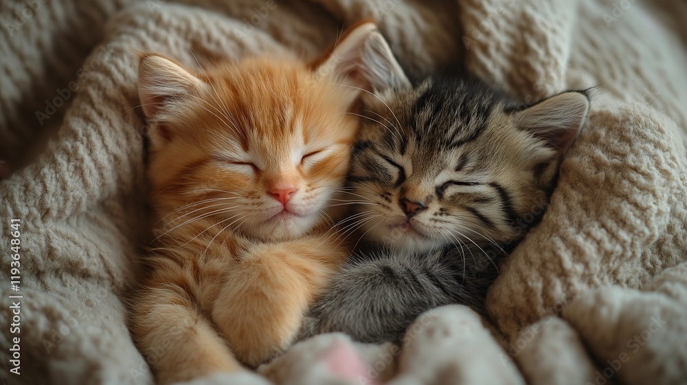 Two fluffy kittens cuddling together on a soft blanket. Warm natural lighting, cozy and tender atmosphere Two fluffy kittens cuddling together on a soft blanket. Warm natural lighting, cozy and tender atmosphere