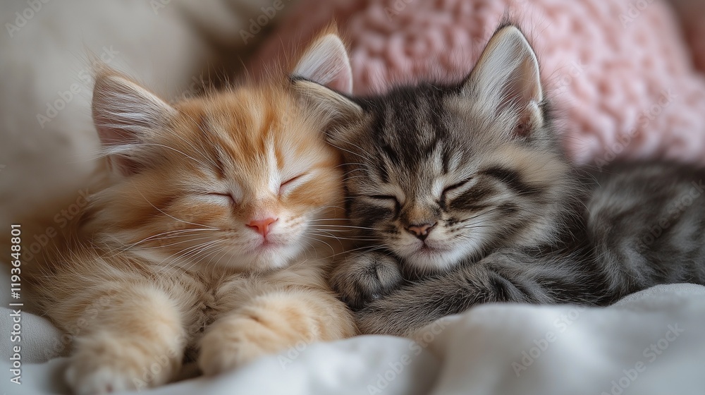 Two fluffy kittens sitting together on a bed with soft pastel-colored blankets and pillows in the background Two fluffy kittens sitting together on a bed with soft pastel-colored blankets and pillows in the background