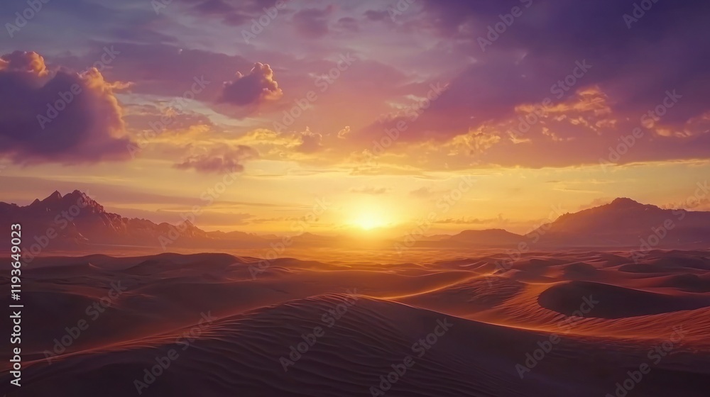 Vibrant sunset over vast desert landscape with rolling sand dunes and distant mountains. Vibrant sunset over vast desert landscape with rolling sand dunes and distant mountains.