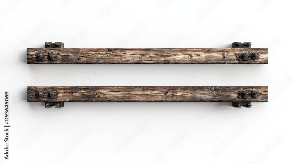 Two rustic wooden beams with metal brackets on white background.