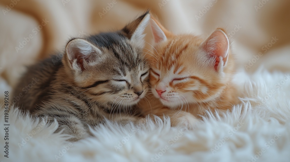 Two kittens playing gently with each other on a fluffy white carpet. Warm lighting creating a relaxed atmosphere Two kittens playing gently with each other on a fluffy white carpet. Warm lighting creating a relaxed atmosphere