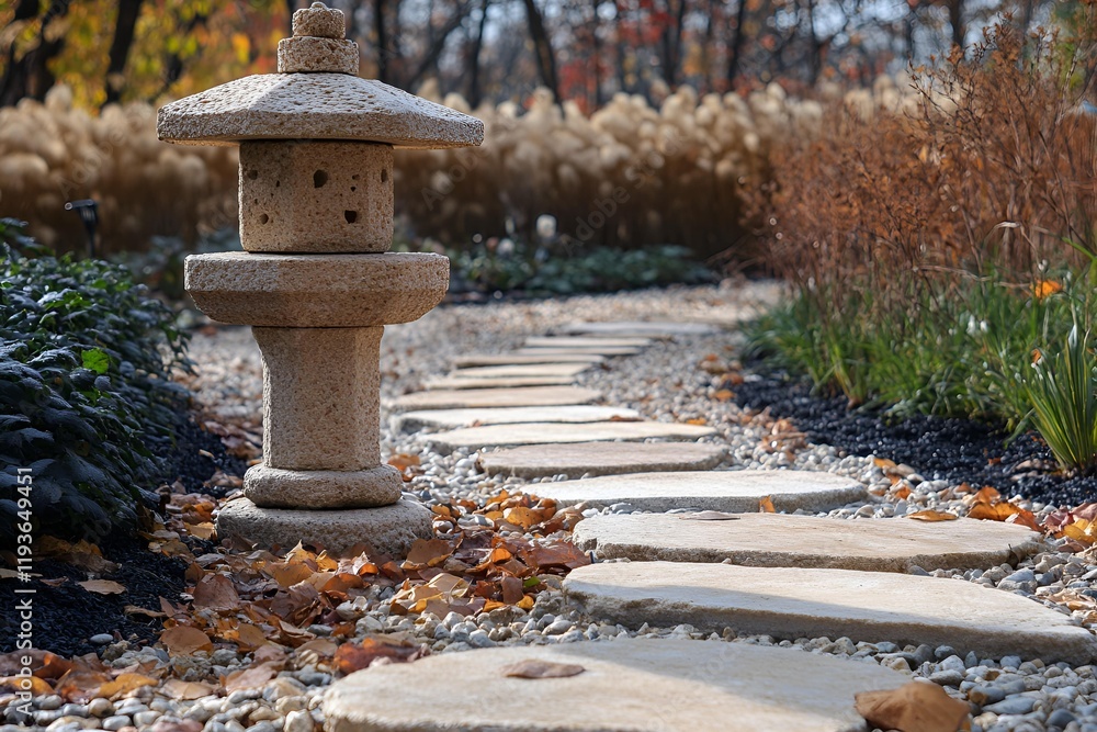 Traditional stone lantern in a minimalist Japanese garden with gravel and greenery Traditional stone lantern in a minimalist Japanese garden with gravel and greenery