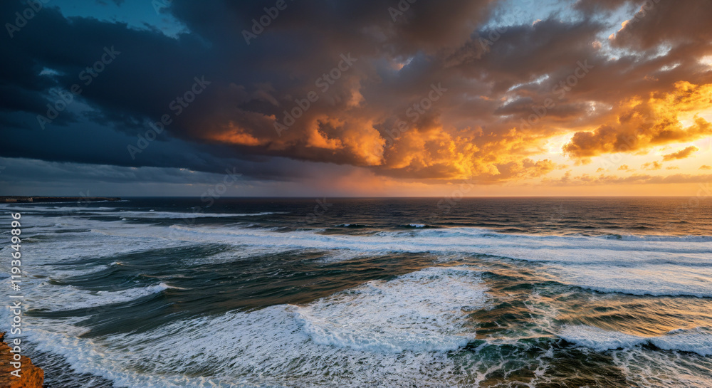 Golden hour sunset over a beautiful ocean with waves crashing on the shore and dramatic clouds creating a breathtaking view Golden hour sunset over a beautiful ocean with waves crashing on the shore and dramatic clouds creating a breathtaking view