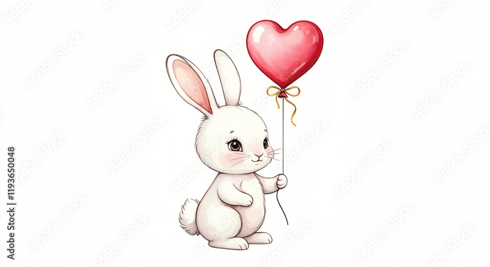 Adorable white bunny holding a heart-shaped balloon, perfect for valentine's day, anniversaries, or any occasion celebrating love Adorable white bunny holding a heart-shaped balloon, perfect for valentine's day, anniversaries, or any occasion celebrating love