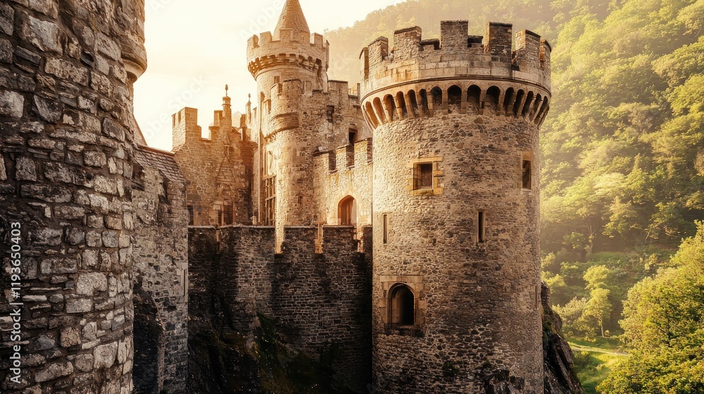 Majestic medieval castle at sunrise, stone walls, towers, and lush green forest background. Majestic medieval castle at sunrise, stone walls, towers, and lush green forest background.