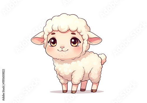 Adorable baby lamb character with fluffy wool, big eyes, and a sweet smile, perfect for children's illustrations or designs photo