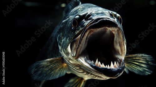 Close-Up of a Zander Fish with Open Mouth Showing Sharp Teeth in Dark Background, Aquatic Predator Wildlife Photography