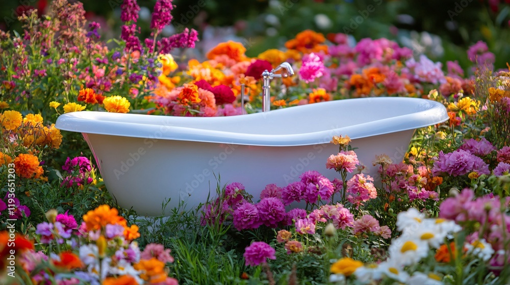 Fototapeta premium A serene white bathtub surrounded by a vibrant array of colorful flowers in full bloom, creating a tranquil outdoor oasis.