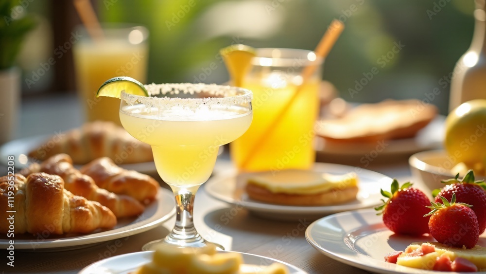 A vibrant margarita in the center of a brunch spread, surrounded by pastries and fresh fruit, set against soft morning light, creating a casual yet elegant vibe. A vibrant margarita in the center of a brunch spread, surrounded by pastries and fresh fruit, set against soft morning light, creating a casual yet elegant vibe.