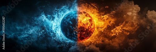 A striking planetary image split between fiery and watery elements, representing the dichotomy of nature and the universe in a uniquely artistic perspective. photo