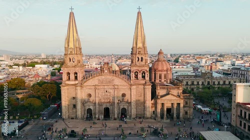 Aerial view of the iconic cathedral in the historic center of Guadalajara at sunset. Jalisco, Mexico