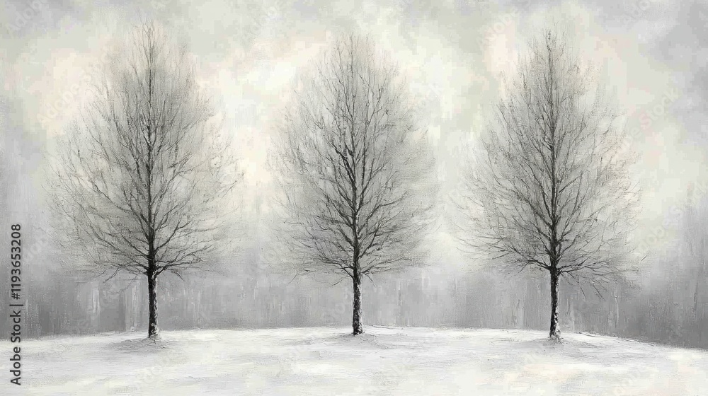 Three bare trees stand elegantly in a snow-covered field, creating a serene and minimalistic winter scene with soft, muted tones in the background.