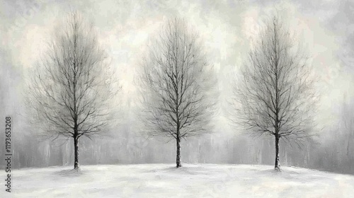 Obraz na płótnie Three bare trees stand elegantly in a snow-covered field, creating a serene and minimalistic winter scene with soft, muted tones in the background. w salonie